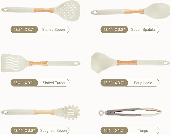 Kitchen Utensils Set - 7 PCS Non-Stick Silicone Cooking Utensils Set Spatula Set with Holder, Wooden Handle Spoon,Tongs,Whisk Kitchen Gadgets Tools Set for Nonstick Cookware (Cream White-7Max)