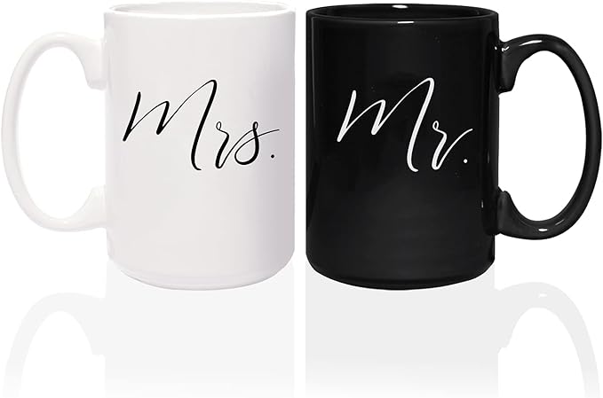 Canopy Street Mr And Mrs Matching Mugs / 2 Jumbo 15 Ounce White And Black Ceramic Mugs/Elegant Coffee Cup Gift Set/One Black Mug And One White Mug