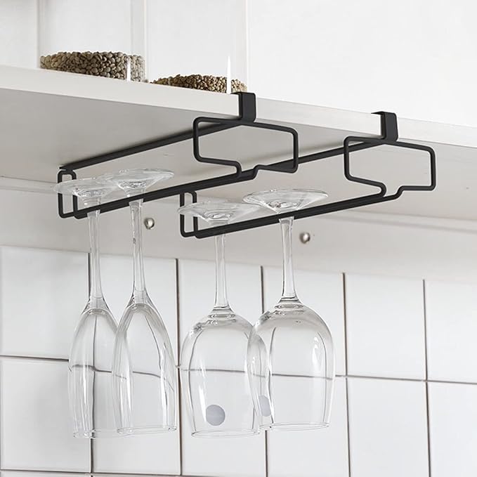 Metal Stemware Rack, Multifunction Wine Glass Holder Under Cabinet, No Drilling Champagne Goblets Storage Shelf, Home Glass Hanging Holder, 2 Rows (Color : White)