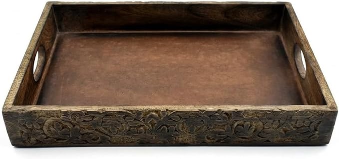 STORE INDYA Hand Crafted Vintage Wooden Rectangular Serving Tray with Handle for Breakfast, Tea, Coffee Table | Unique Gifts, Home Decor | 15 x 10 Inches