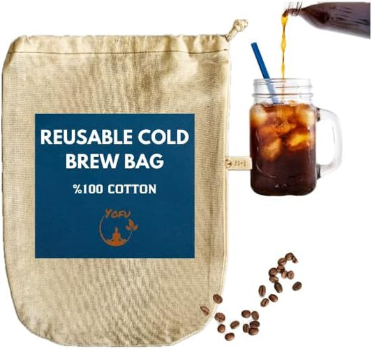 Organic Cotton Cold Brew Coffee Bag (8x11in) - Reusable Coffee Filter with EasyOpen Drawstring, Designed for Pitchers, Mason Jars, & Toddy Systems