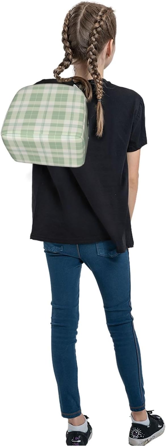 Lunch Bag Pastel Green Plaid Insulated Lunch Box Reusable Cooler Tote for Adults Student Girl Boy Work Office School Picnic Over 3 Years Old
