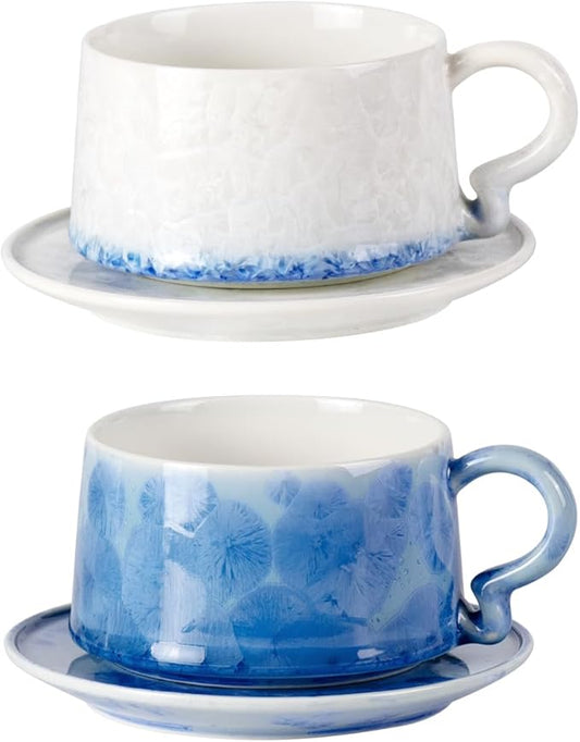 KAMMAK Tea Cups and Saucers set of 2, Porcelain Coffee Cups, 7.5oz Crystalline Glaze Espresso Mugs, Ceramic Demitasse for Coffee, Cappuccino, Latte, Americano, Tea (Dark Blue and White Blue)