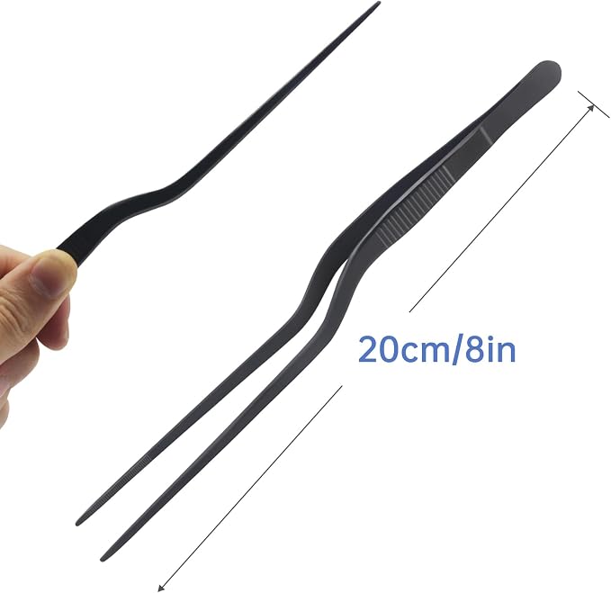 8-Inch Plating Tweezers Culinary Kitchen Tweezer Stainless Steel, Black Offset Tweezers for Cooking Food Design (8-Inch Offset Design)