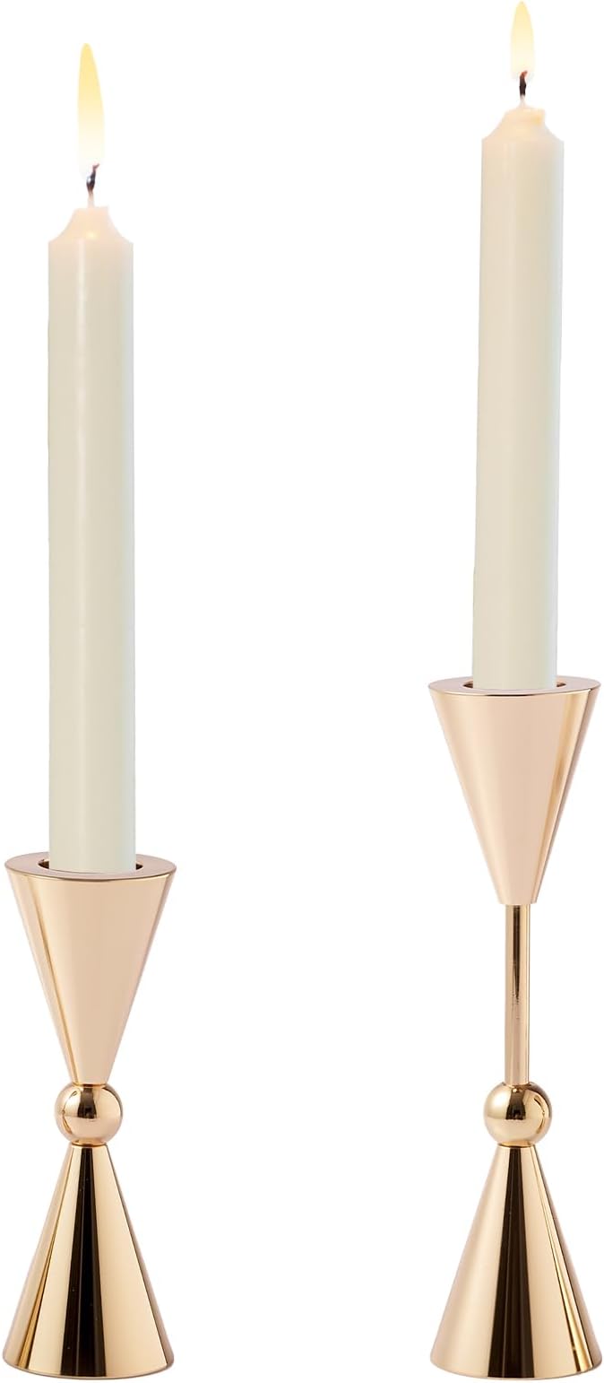 DN DECONATION Gold Taper Candle Holders Set of 2, Tapered Candlestick Holders Decor for Fall Thanksgiving Table Centerpiece Wedding Decorations, Modern Metal Candle Holder for Living Room, Mantel