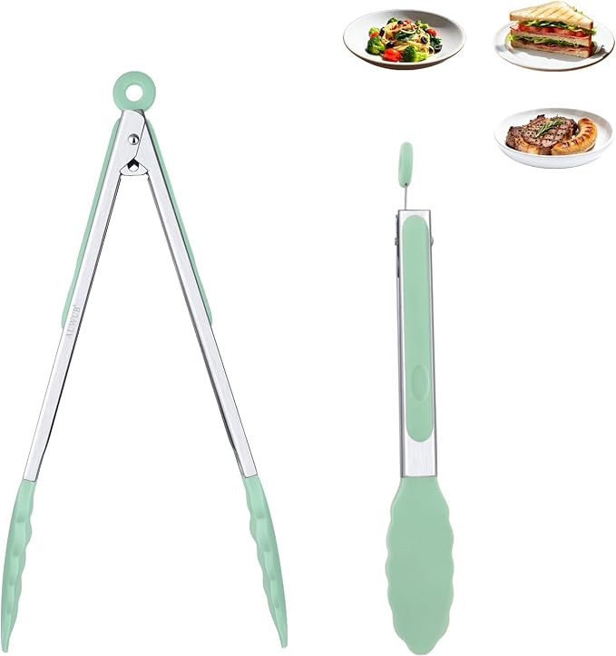 9+12 Inch Pistachio Salad Tongs 2-Piece Set, Silicone with 304 Stainless Steel Core & Non-Slip Grip, Kitchen Utensils for Grilling Salad