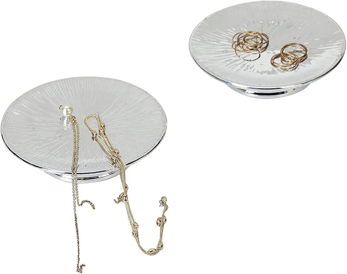 Metallic Silver Ceramic Candle Plate and Jewelry Dish Set of 2, 5" Diameter