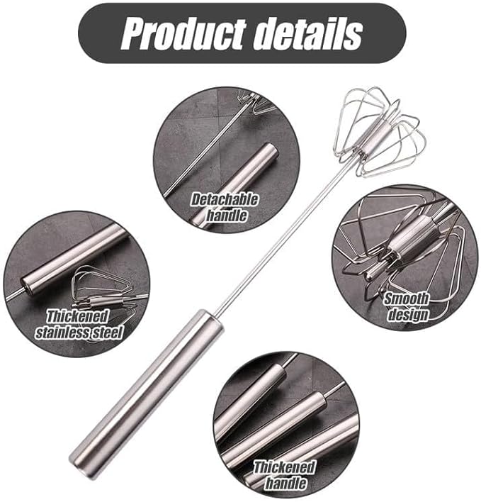 Stainless Steel Whisk, Egg Whisk Hand Push Rotary Blender, Manual Mixer Stirrer Kitchen Tool for Blending, Whisking, Beating, Stirring (2PCS)