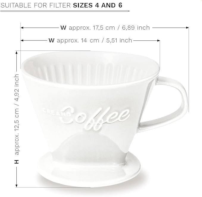Creano XXL Porcelain Coffee Dripper White - Ceramic Cone Brewer - Pour Over Coffee Maker - Filter Size 4 - huge and heavy quality 800gr/28oz - 6 Colours availeble