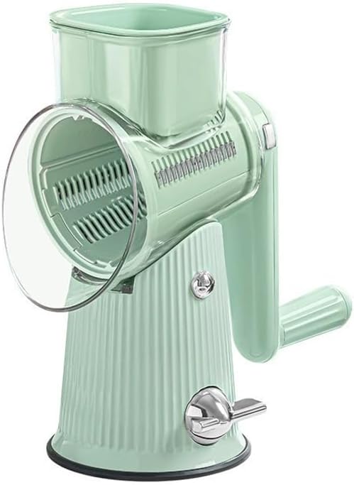 Rotary Cheese Grater with Handle, Hand Crank Vegetable Slicer & Cheese Shredder, 3 Interchangeable Blades, Strong Suction Base Manual Kitchen Grater for Cheese, Potato, Carrot, Cucumber (Green)