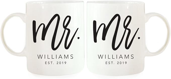 Andaz Press Personalized Name 11oz. Ceramic Ceramic Valentines Day Coffee Mugs Wedding Anniversary Couples Gift Set, Mr. Mr. Williams Est. 2026, Script Style, 2-Pack, Custom Names, Long Distance Gift