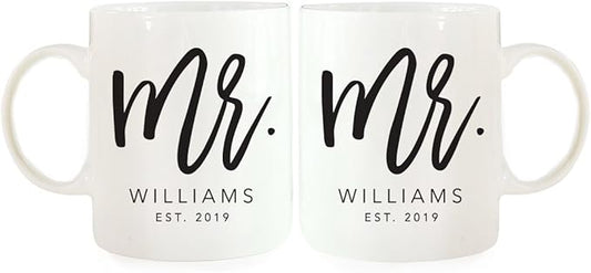 Andaz Press Personalized Name 11oz. Ceramic Ceramic Valentines Day Coffee Mugs Wedding Anniversary Couples Gift Set, Mr. Mr. Williams Est. 2026, Script Style, 2-Pack, Custom Names, Long Distance Gift