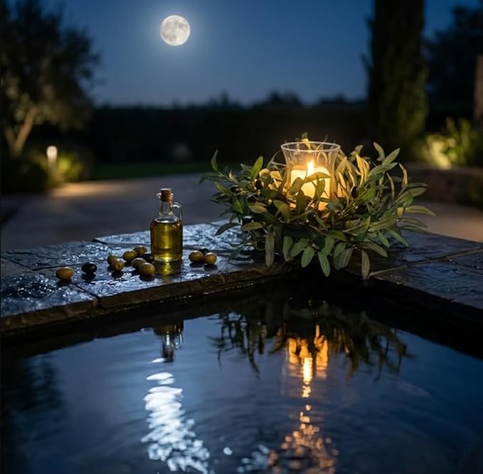 Svndlyn Artificial Olive Branch Candle Ring with Glass Hurricane, 14" Faux Greenery Wreath Centerpiece for Dining Table, Farmhouse Mantel Decor, Rustic Wedding & Year Round Arrangement