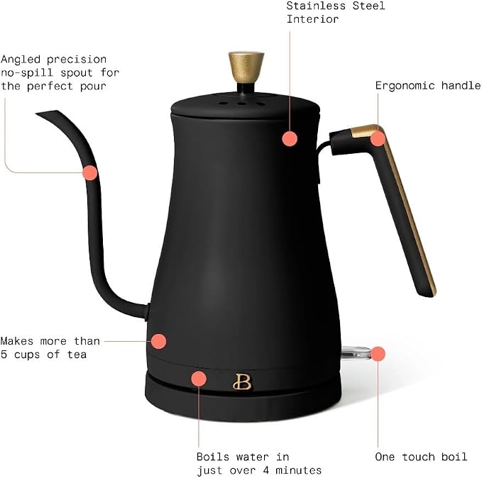 Beautiful Electric Gooseneck Kettle, 1 Liter, 1200W, Stainless Steel Interior, Fast Boil, Precision Pour Spout, Auto Shut-Off & Boil-Dry Protection (Black)