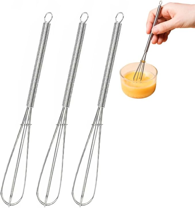Whisks Stainless Steel Mini Wire Whisks Set of 3 Portable Stainless Steel Kitchen Tiny Whisk Egg Beater with Thick Wire for Cooking Blending Whiping Beating Stirring