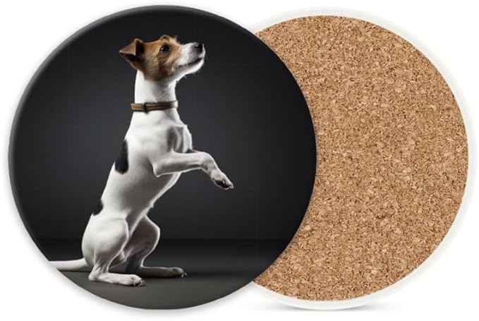 Ceramic Stone Coasters for Drinks Set of 1, White and Brown Jack Russell Terrier Dog Round Absorbent Cup Coasters Protection for Coffee Table Kitchen Counter Decor (4 * 4 Inch)