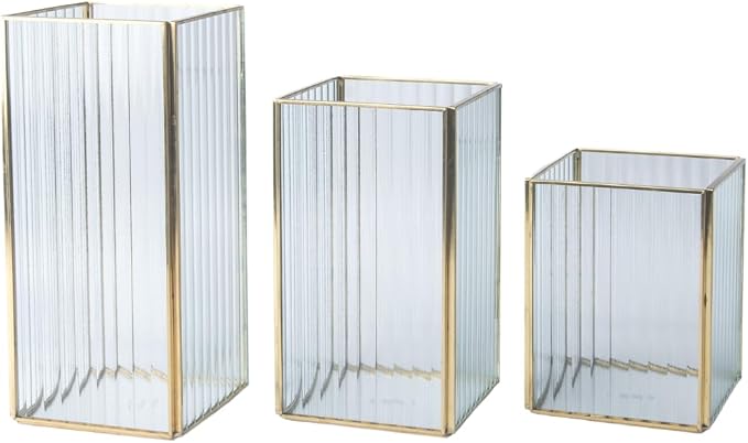 Koyal Wholesale Gold Ribbed Glass Hurricane Candle Holders, Set of 3