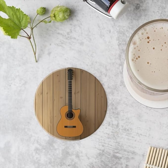Ceramic Drink Coasters Absorbent Set of 1, Guitar Hanging on Wall Round Anti Slip Modern Cup Coasters for Desk Kitchen Office Housewarming Hostess Gifts (4 * 4 Inch)