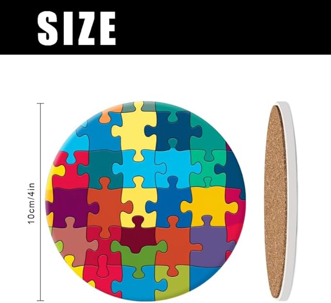 Ceramic Stone Coasters for Drinks Cup, Colorful Puzzle Background Absorbent Anti Slip Cup Coasters with Cork Base for Kitchen Living Room Office Decor Housewarming Gift Set of 1 (4 * 4 Inch)