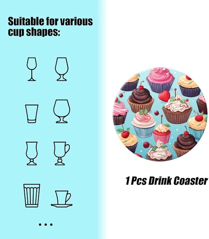 Ceramic Stone Cork Coasters for Drinks Tableware, Cupcake Pattern Round Absorbent Durable Aesthetic Art Cup Mat Protects Tables and Surfaces Set of 1 (4 * 4 Inch)
