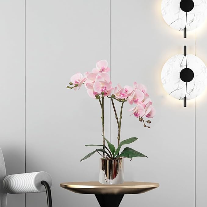 CXGS Artificial Orchid Flower Plant Real Touch Faux Orchids in Ceramic Vase Pink 19.7'' Fake Phalaenopsis Flower Arrangement Centerpiece Home Indoor Decor
