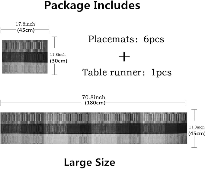 Placemats, Washable PVC Table Mats, Woven Vinyl Placemat for Dining Table Place Mats Set (6 Placemats and 1 Table Runner, Black and Grey)