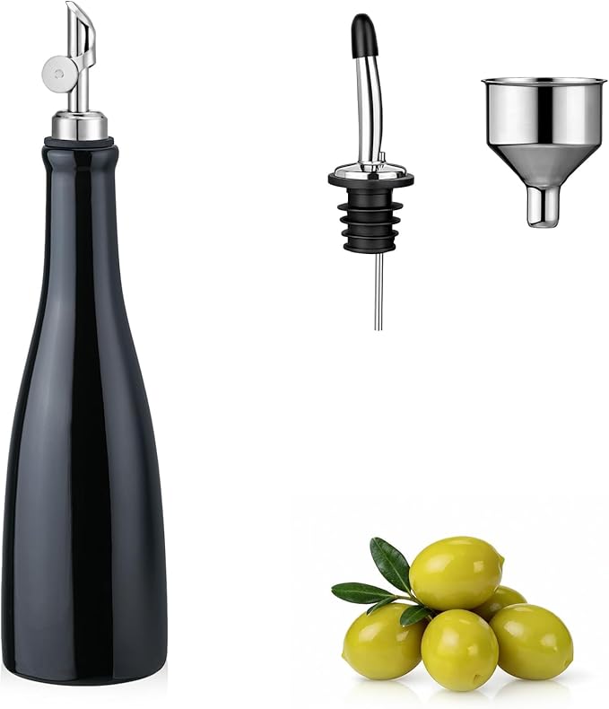 YOLIFE Olive Oil Dispenser Bottle, 16oz Ceramic Oil Dispenser for Kitchen, Oil Bottle with Gravity Spout, Leak Proof EVOO Dispensing Bottle with 2 Spouts and 1 Funnel for Vinegar, Juice(Black)