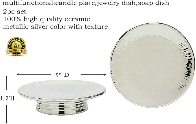 Metallic Silver Ceramic Candle Plate and Jewelry Dish Set of 2, 5" Diameter