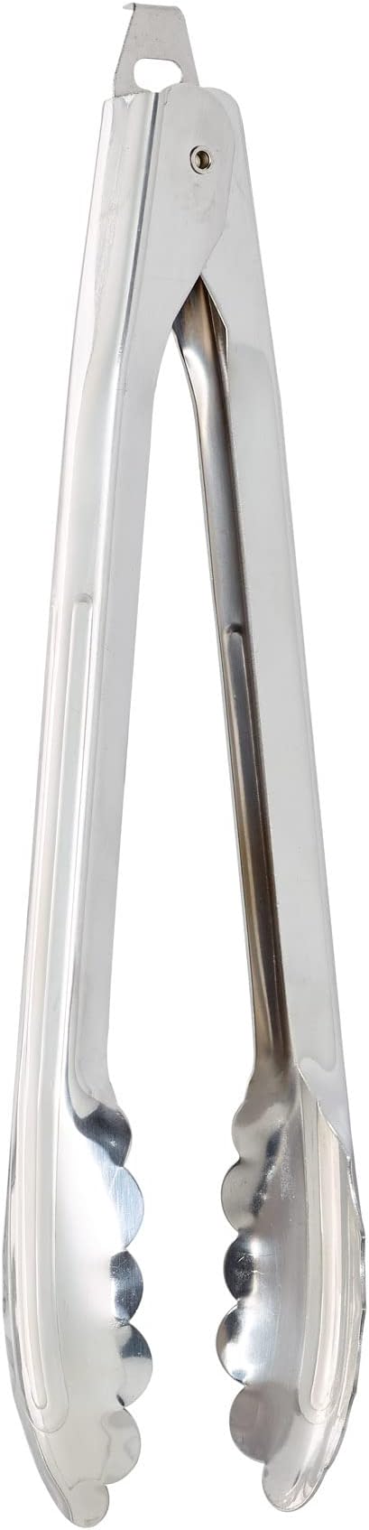 HIC Kitchen Spring Locking Kitchen Cooking Serving Food Barbecue Tong, Scalloped Gripping Edge, Stainless Steel, 10-Inch