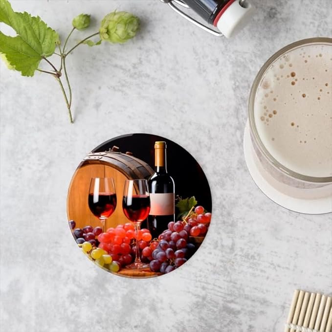 1 Pcs Coffee Cup Coasters for Drinks, Bottle of Red Wine Round Absorbent Non-Slip Ceramic Stone Cork Coasters for Kitchen Living Room Office Decoration Bar (4 * 4 Inch)