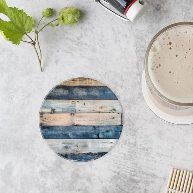 Ceramic Stone Coasters for Drinks Set of 1, Blue and Brown Wooden Wall Pattern Round Absorbent Cup Coasters Protection for Coffee Table Kitchen Counter Decor (4 * 4 Inch)