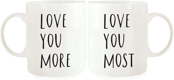 Andaz Press Funny Couples 11 oz Ceramic Coffee Mugs, Love You More., Love You Most., His and Hers Coffee Mug Set of 2, Valentines Couples Mugs for Him and Her, Mr and Mrs Mugs, Couple Mugs for Husband