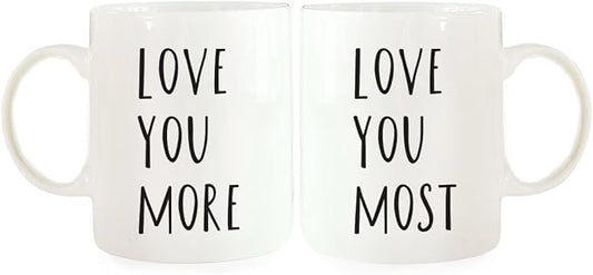 Andaz Press Funny Couples 11 oz Ceramic Coffee Mugs, Love You More., Love You Most., His and Hers Coffee Mug Set of 2, Valentines Couples Mugs for Him and Her, Mr and Mrs Mugs, Couple Mugs for Husband