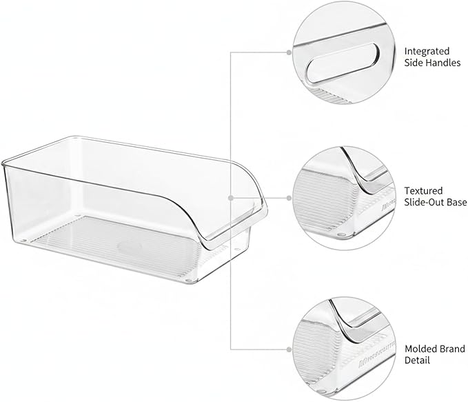 Refrigerator Storage Bin for Organization, Clear PET Plastic Food Container with Handles, Slide-Out Organizer Box for Fridge Shelves, Pantry, and Countertop, 10.2 x 7.1 x 3.1 Inches