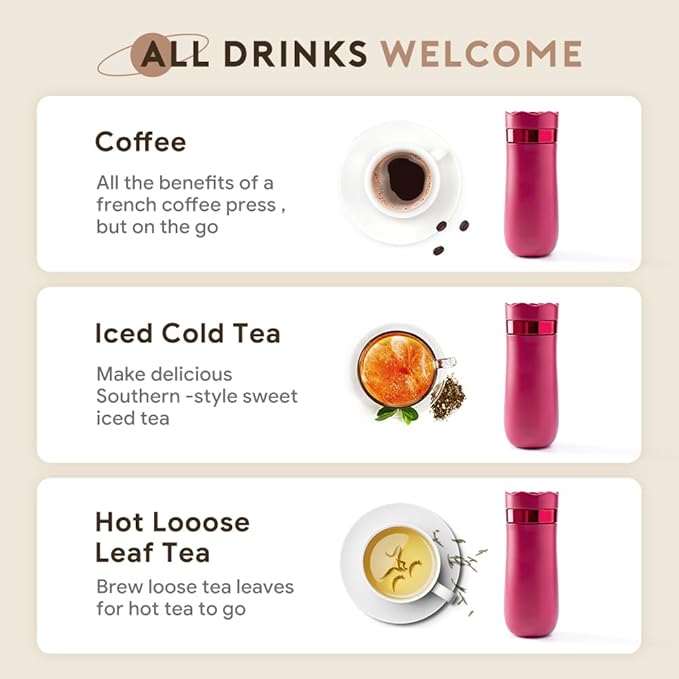 Travel Coffee Press, Vacuum Insulated Portable French Press, Stainless Steel Portable Coffee Maker/Tea Press, 12oz, Rose Red
