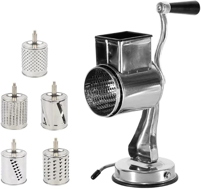 DYNAMI 5 in 1 Stainless Steel Rotary Grater,Kitchen Grater Vegetable Slicer,Cheese Rotary Chopper Food Mills With 5 Stainless Drum,for Home Kitchen Restaurant (Suction cup type, Not for Hard Cheeses)