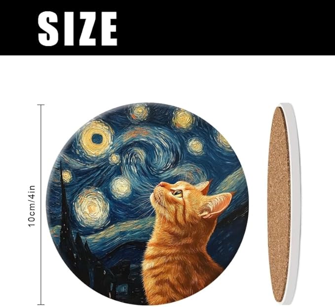 Ceramic Stone Cork Coasters for Drinks Tableware, Orange Cat Gazing at Starry Night Round Absorbent Durable Aesthetic Art Cup Mat Protects Tables and Surfaces Set of 1 (4 * 4 Inch)