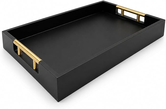 Luxury Black Ottoman Tray with Gold Handles – 12x17 Large Decorative Serving Tray for Coffee Table, Couch, Breakfast in Bed & Home Décor – Modern Wood Display Tray