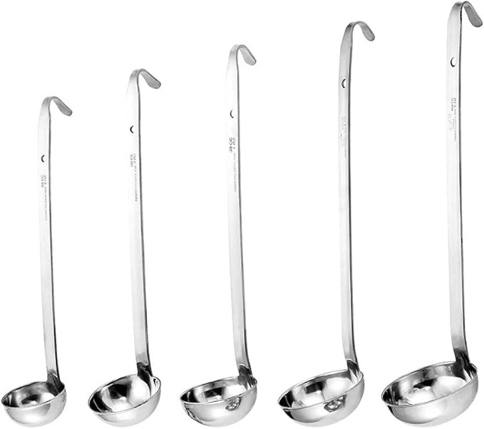 Stainless Steel Hooked Handle Ladle Set - 5 Pcs with Pouring Rim, Long Handle for Kitchen Cooking Soup Sauce (1oz, 2oz, 4oz, 6oz, 8oz)