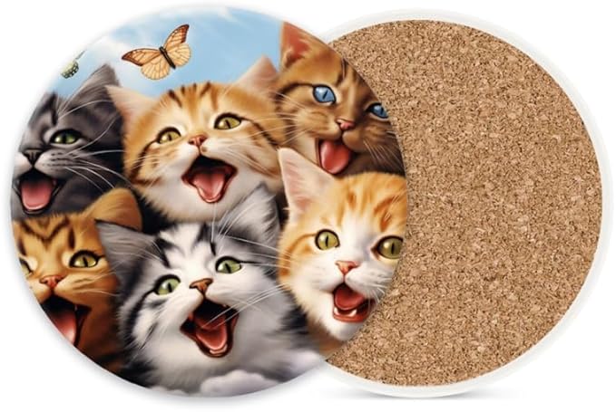 Ceramic Stone Cork Coasters for Drinks Tableware, Group of Cats with Butterfly Round Absorbent Durable Aesthetic Art Cup Mat Protects Tables and Surfaces Set of 1 (4 * 4 Inch)