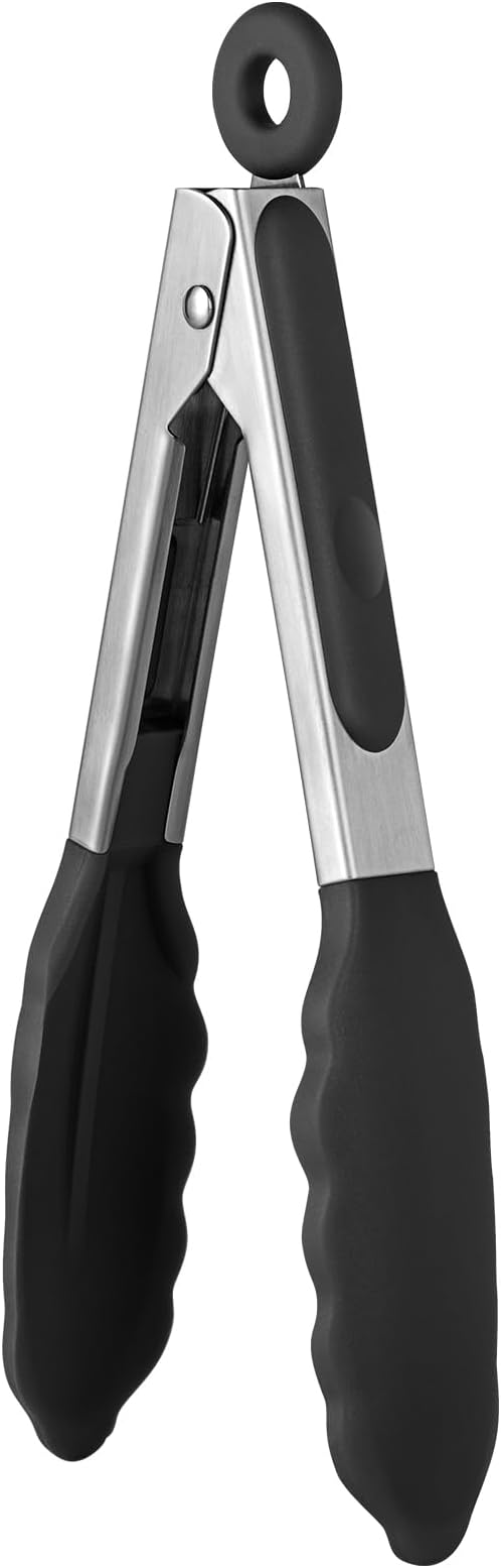 600ºF Heat Resistant Kitchen Tong: U-Taste 7 inch Silicone Cooking Tong with Firm Sealed Non Stick Rubber Tips & Silicon Coated 18/8 Stainless Steel Handle & Smooth Locking for Serving Salad (Black)