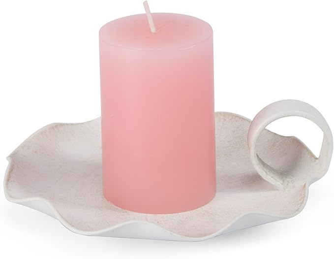 Candle Holders for Pillar Candles, 5.5" Overall Width Vintage Metal Plate Holder with Handle, Fits Candles up to 3.3" Diameter & Flameless, Distressed White (Candles Not Included)