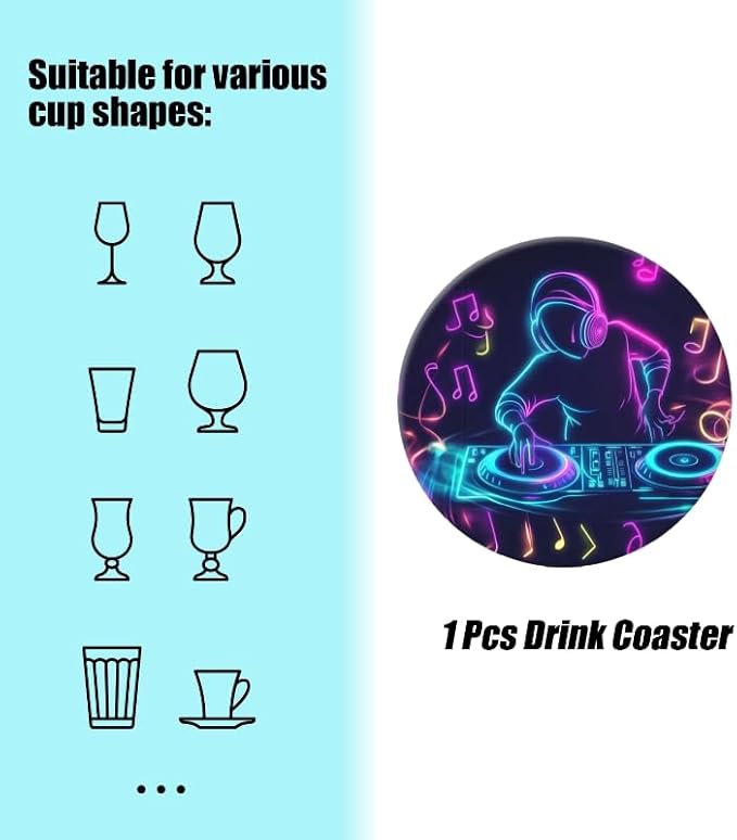 Round Ceramic Stone Cork Drink Coasters, Neon Dj Playing Music on Turntable Absorbent Removable Non-Slip Cup Mat Place for Kitchen Counter Drinks Coffee Cup Tableware Set of 1 (4 * 4 Inch)