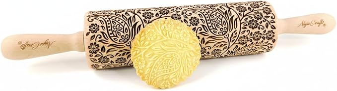 KASHMIR pattern Embossed Rolling Pin. Engraved Dough Roller with Paisley for Embossed Cookies and Pottery by Algis Crafts