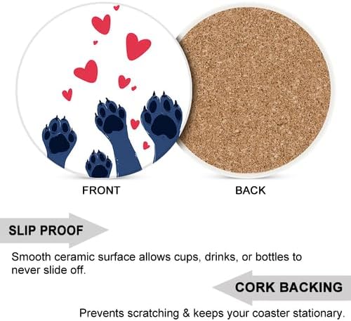 Ceramic Coasters Set of 4 Absorbent Stone Drink Coasters with Holder,Non-Slip Cork Backing,Heart Animal Claws Coasters for Coffee Table,Desk & Home Decor