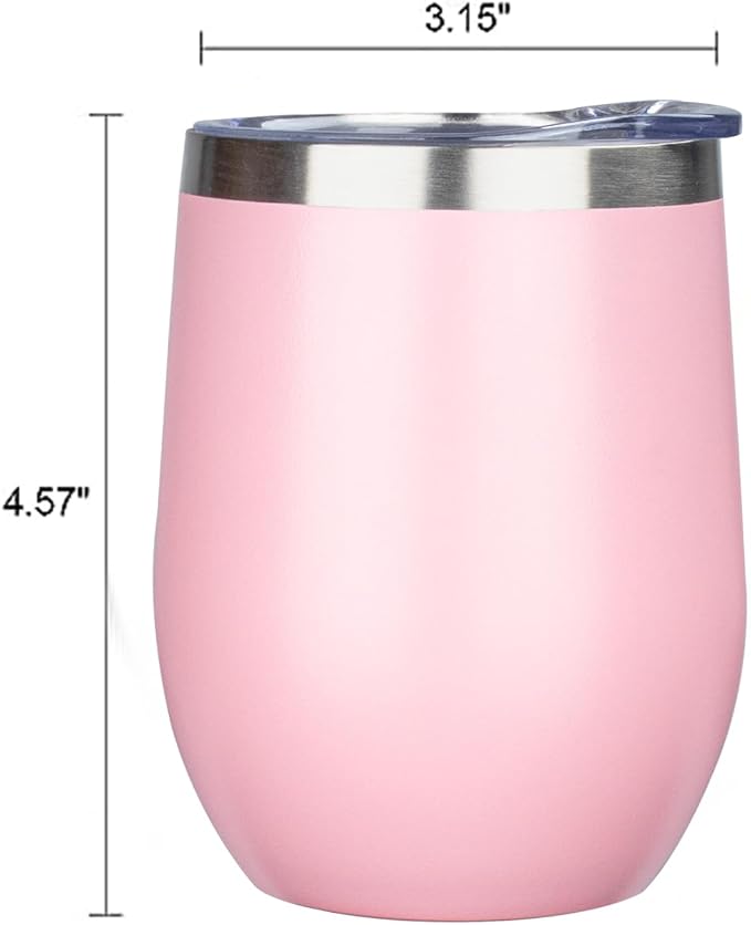MEZMUT 12 Oz Insulated Wine Tumbler with Lid Double Wall Vacuum Stainless Steel Wine Glass Coffee Mug Insulated Tumbler Cup for Champaign, Cocktail, Beer (Pink, 4 Pack)