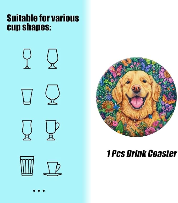 1 Pcs Coffee Cup Coasters for Drinks, Golden Retriever in Floral Paradise Round Absorbent Non-Slip Ceramic Stone Cork Coasters for Kitchen Living Room Office Decoration Bar (4 * 4 Inch)