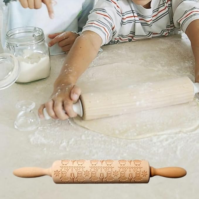 DECHOUS Easter Embossed Rolling Pin 13.78 Inch Chicken Flower Pattern Wooden Dough Roller for Baking - Home Kitchen Essential Rolling Pin for Cookie Dough Pastry Pizza Fondant
