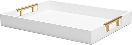 White Serving Tray with Metal Handles, 15.75" x 11.8" x 1.7" Wood Serving Tray for Ottoman Coffee Table, Kitchen Counter, Food, Bathroom