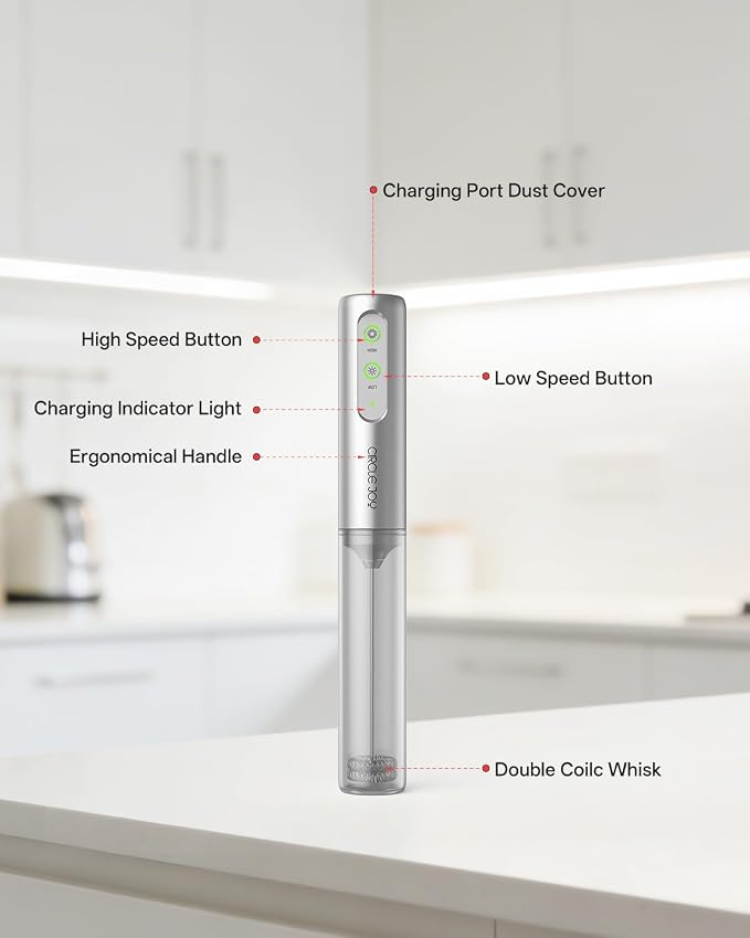 CIRCLE JOY Rechargeable 2-Speed Handheld Milk Frother with Stand, Dual Spring Whisk Electric Foamer, Portable & Detachable Coffee Frother Wand, Drink Mixer for Lattes, Macchiato, Hot Chocolate, Silver